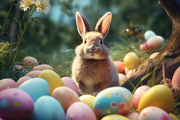 Fototapeta na wymiar A cute Easter bunny sitting in between colored eggs