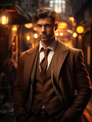 Attractive man in a suit walking through the city, refined style, gentlemanly poise, confident. stylish urban man in raincoat suit jacket.