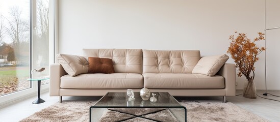 Taupe leather sofa and glass table in white living room with carpet.