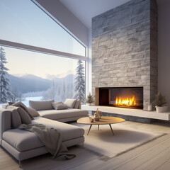 Minimalist interior design of modern living room with fireplace in  grey stone wall.