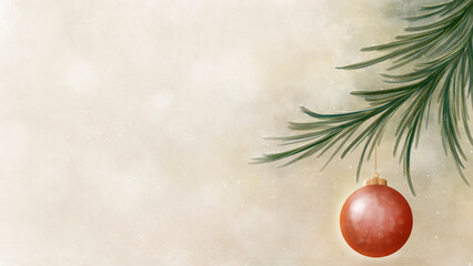 Hermoso fondo navideño ilustrado de ramas de pino con esfera y luz - obrazy, fototapety, plakaty