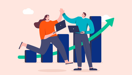 Business teamwork success - Two cheerful people giving high five in front of rising growth chart and rising green arrow. Accomplishment and successful financial result concept in flat design vector