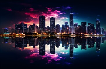 Illustration of city skyline at night with abstract colorful sky and water reflection. Skyscrapers at night. Generative AI