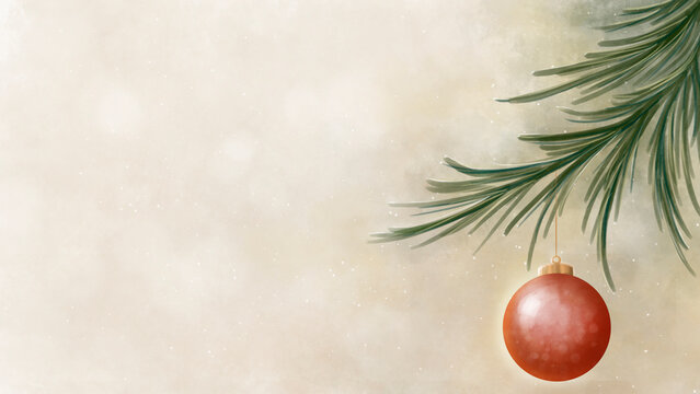 Hermoso fondo navideño ilustrado de ramas de pino con esfera y luz