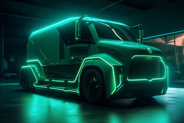 Futuristic green EV truck. Car of the future. Electric car in green neon color. The driverless truck of the future. Self driving truck. Autonomous EV truck. Future Electric car.