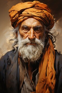 A painting of a man with a turban on his head. Illustration of an old person.