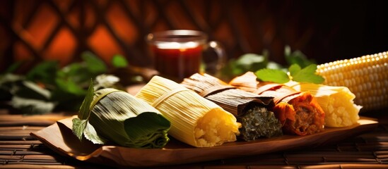 Spicy sauces accompany Mexican corn tamales wrapped in leaves.