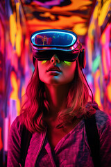Futuristic Vision: Teenager with Virtual Reality Glasses in Neon