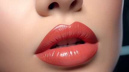 Fototapeta premium Sexy red lips close up. Beautiful perfect makeup.