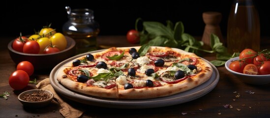 Wood-fired oven produces Margherita pizza topped with mozzarella, tomatoes, basil, olives. Served...