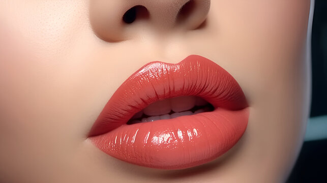 Sexy red lips close up. Beautiful perfect makeup.