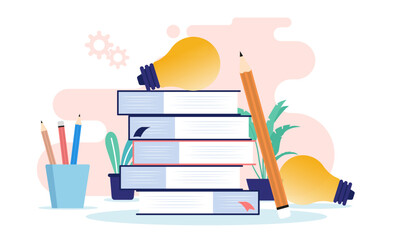 Education and school concept vector - Illustration of stack of educational books with idea light bulbs and pencils. Study and learning concept in flat design on white background - obrazy, fototapety, plakaty