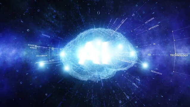 Artificial intelligence human brain with science word cloud animation.