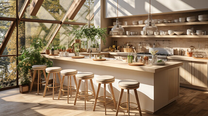 Very bright kitchen with a large window and outdoor garden. Island, Nordic stools and large worktop.