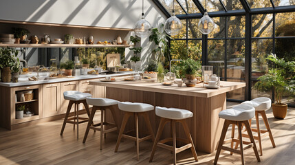 Nordic style kitchen, with parquet floor and a large window with outdoor garden. Equipped with a large island with hanging lamps and large countertop.
