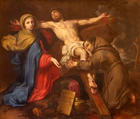 Poster VICENZA, ITALY - NOVEMBER 5, 2023: The painting  of Virgin Mary and St. Anthony of Padua with the Jesus  on the cross in the Cathedral by unknown baroque artist. © Renáta Sedmáková