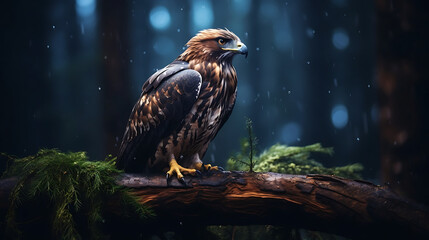 Fototapeta premium a royal eagle sitting on a branch in the forest during the night