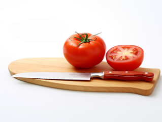 A tomato and a knife on wood cutting board in a white background