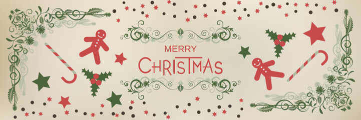 Merry Christmas and Happy New Year retro style vector banner template. Old paper background with winter style elements