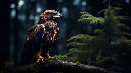 a royal eagle sitting on a branch in the forest during the night
