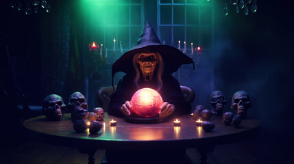 Old ugly witch with her magic crystal