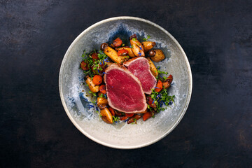 Fried Italian chianina beef fillet steak very rare with mushrooms and carrots served as top view in a Nordic design bowl with copy space