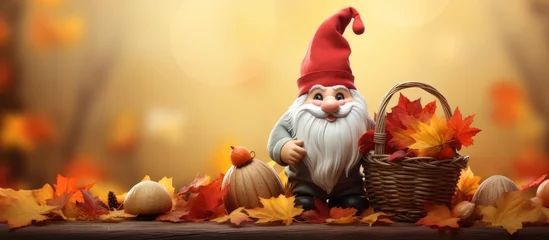 Rolgordijnen Thanksgiving illustration features autumn harvest basket with gnomes and natural elements. © 2rogan