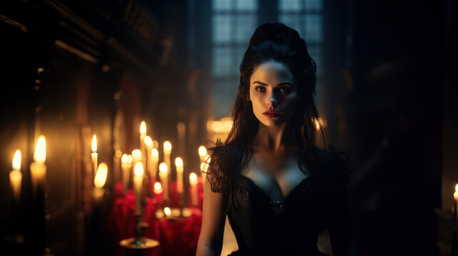 Young beautiful female vampire in spooky castle