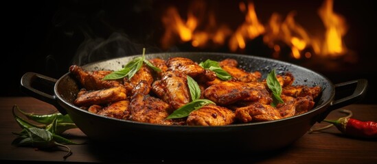 The chef prepared a sizzling plate of Chicken 65, a popular Countryn appetizer, using a cast iron skillet, garnishing it with fragrant curry leaves for an authentic taste of Countryn starters. - obrazy, fototapety, plakaty