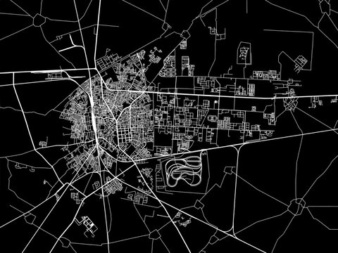Vector road map of the city of Bathinda in the Republic of India with white roads on a black background.