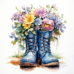 Fowers in blue boots isolated on white background. watercolor painting