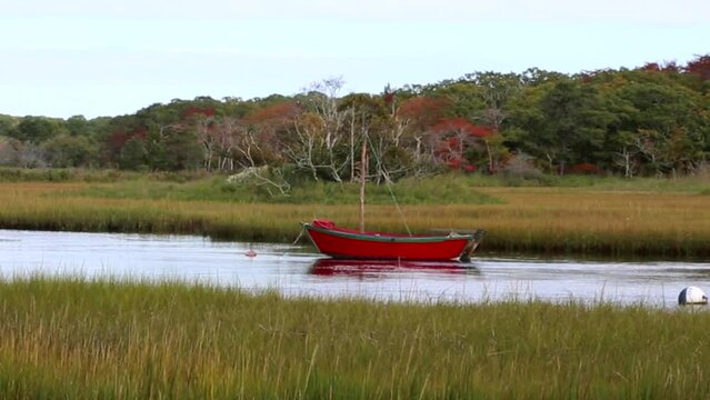 Old Fashioned Red Row Boats on Herring River at Harwich, Cape Cod