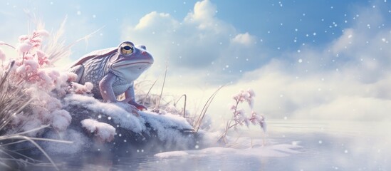 The Moor frog awakens in spring and moves from the pond through snow on a sunny day. - obrazy, fototapety, plakaty