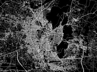 Vector road map of the city of Jaipur in the Republic of India with white roads on a black background.