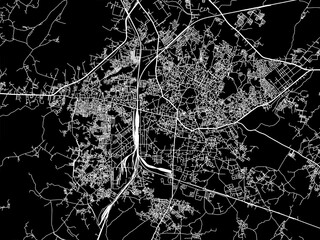 Vector road map of the city of Jhansi in the Republic of India with white roads on a black background.