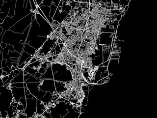 Vector road map of the city of Kakinada in the Republic of India with white roads on a black background.