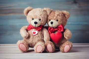 Retro Teddy Bear toys pair with handmade Valentines day love hearts front concrete wall background