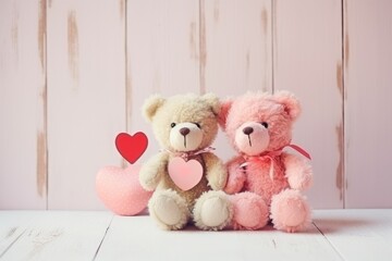 Retro Teddy Bear toys pair with handmade Valentines day love hearts front concrete wall background