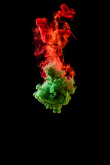 Contrasting Chroma: Red and Green Swirling Fumes on Abyssal Black Canvas - Vivid Shades Coalescing in Enigmatic Whirls