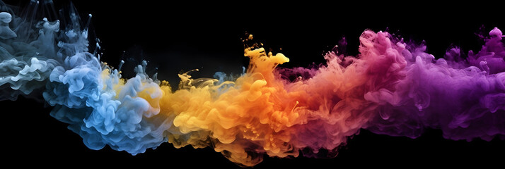 Vibrant Purple, Orange, Red, and Violet: Dynamic Smoke Dance on Black, multi-color smoke dust explosion on dark backdrop