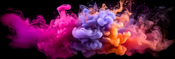 Vibrant Purple, Orange, Red, and Violet: Dynamic Smoke Dance on Black, multi-color smoke dust explosion on dark backdrop