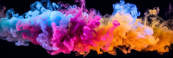 Fototapeta na wymiar Vibrant Purple, Orange, Red, and Violet: Dynamic Smoke Dance on Black, multi-color smoke dust explosion on dark backdrop