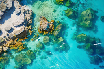 Naklejka na ściany i meble A coastal reef system visible through clear turquoise waters from above.