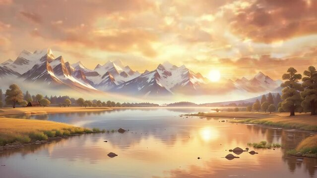 A breathtaking landscape painting, capturing the serene beauty of the countryside as the sun sets behind the majestic mountains, casting a warm glow over the tranquil lake.