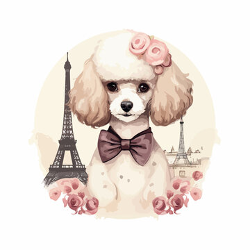 Chic Parisian poodle in cartoon, doodle style. Isolated 2d vector illustration in logo, icon style, Eps 10. AI Generative