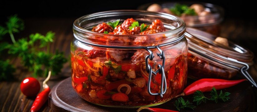 Preserved sausages with onion and red pepper.