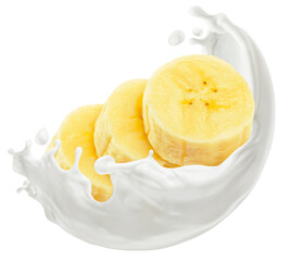 Banana slices in milk splash isolated