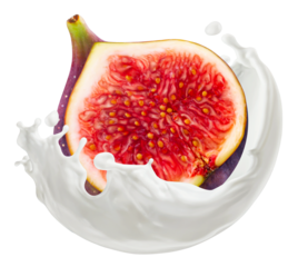 Fig slice falling in milk splash isolated on white background
