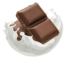 Chocolate bar with milk splash isolated on white background
