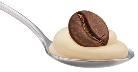 Spoon of whipped caramel coffee cream isolated